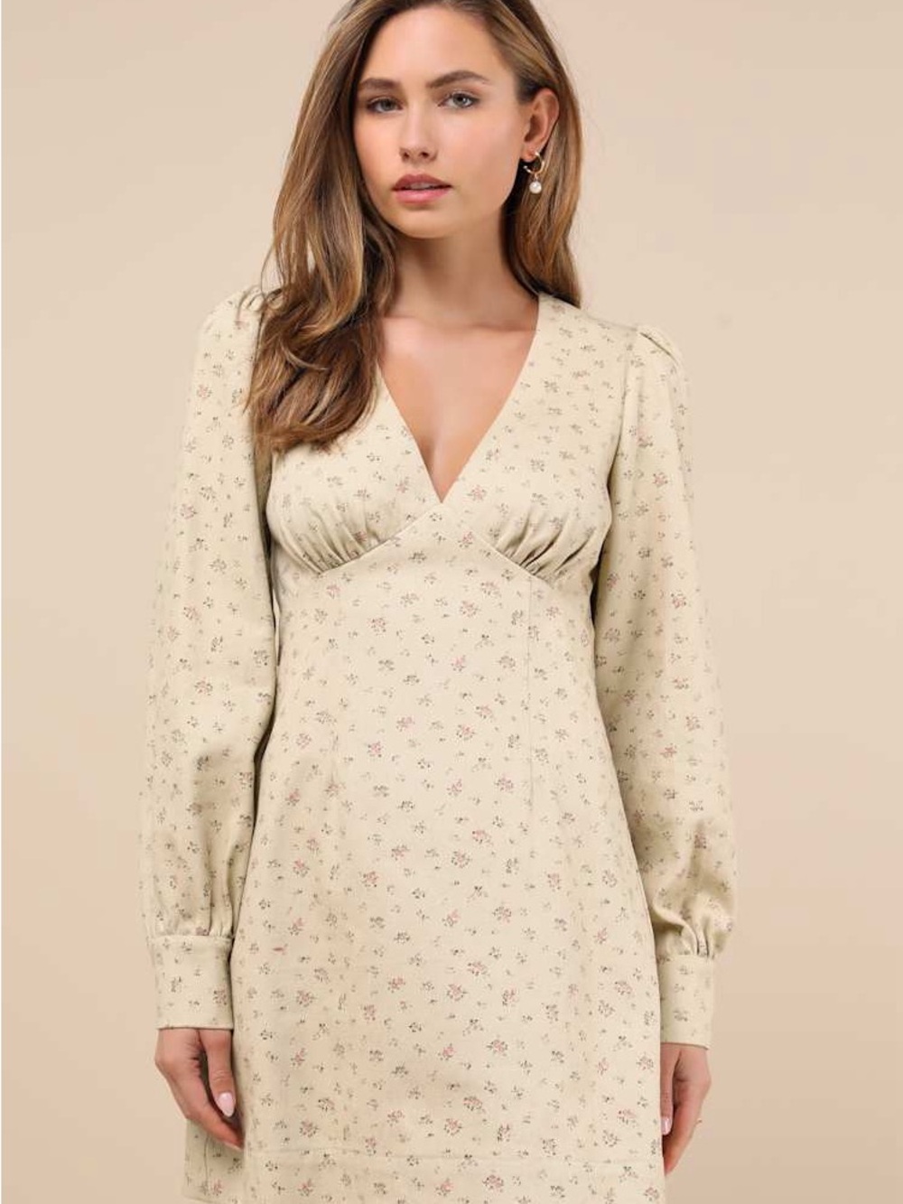 NWT Lulu’s Darling Girl Beige Floral Twill Long Sleeve Mini Dress